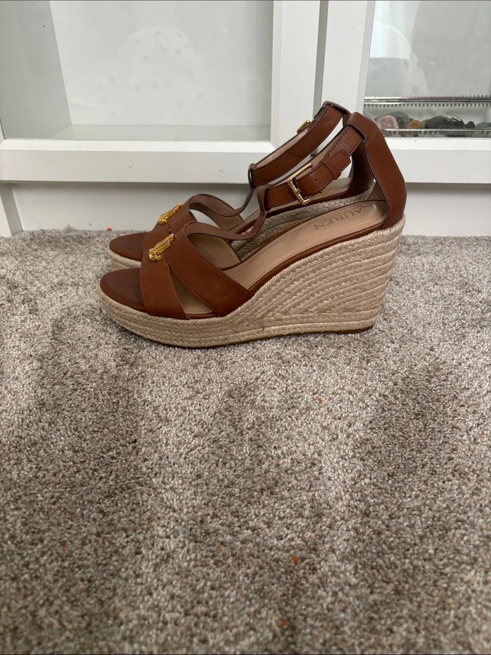 Lauren Ralph Lauren Tan Leather Wedge Sandals with Gold RL Hardware size 10